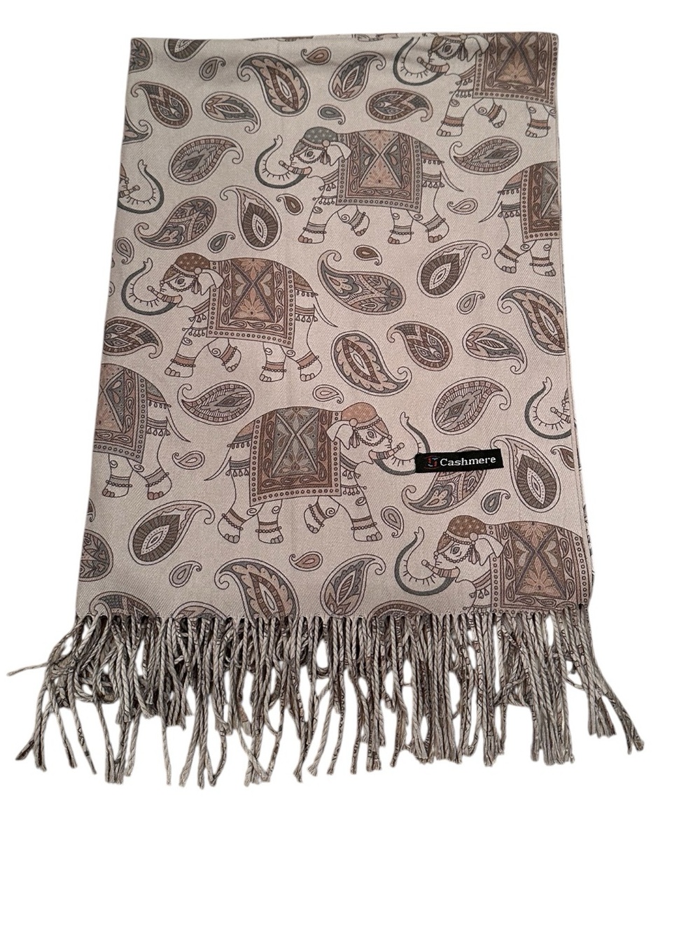 Cashmere Paisley & Elephant Print Reversible Solid Grey Scarf 26 x 35